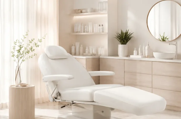 Bright skincare studio interior with neutral product shelving
