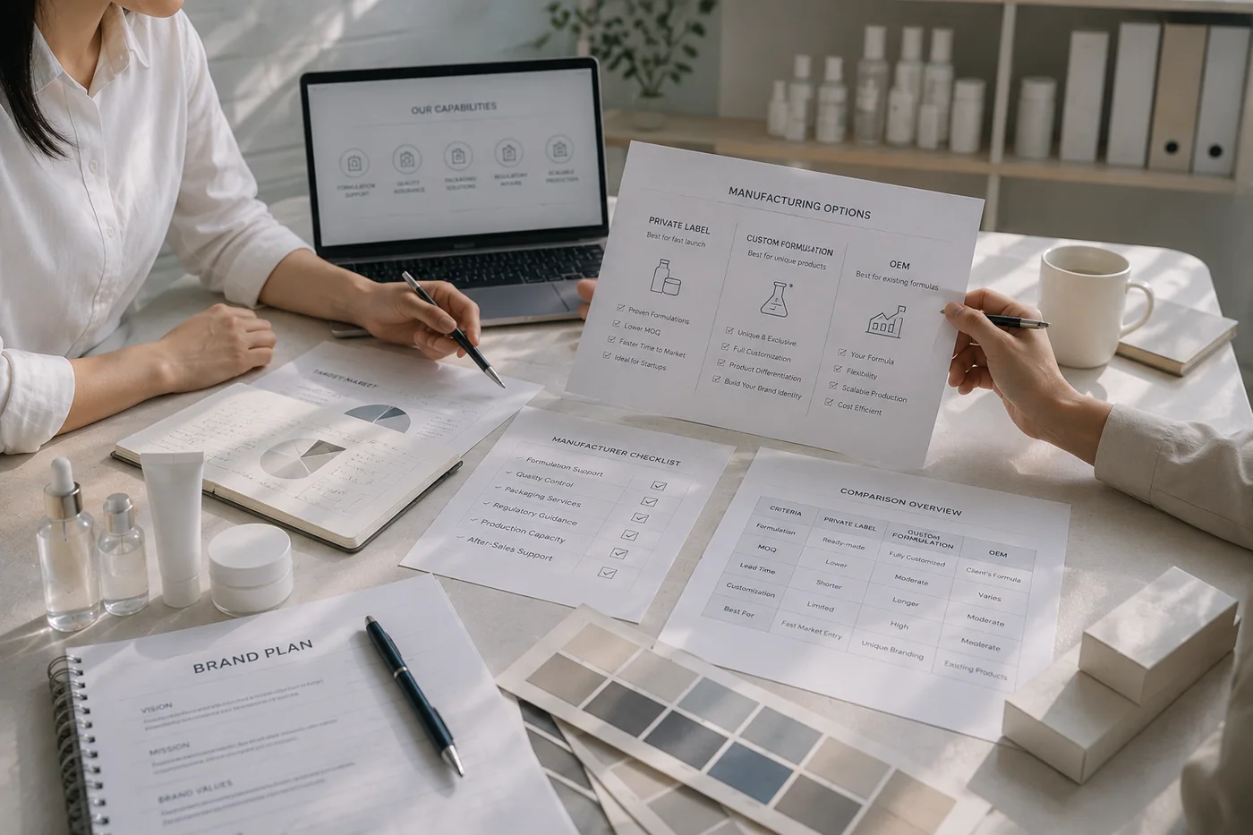 Brand strategy meeting comparing private label, custom formulation, and OEM manufacturing options