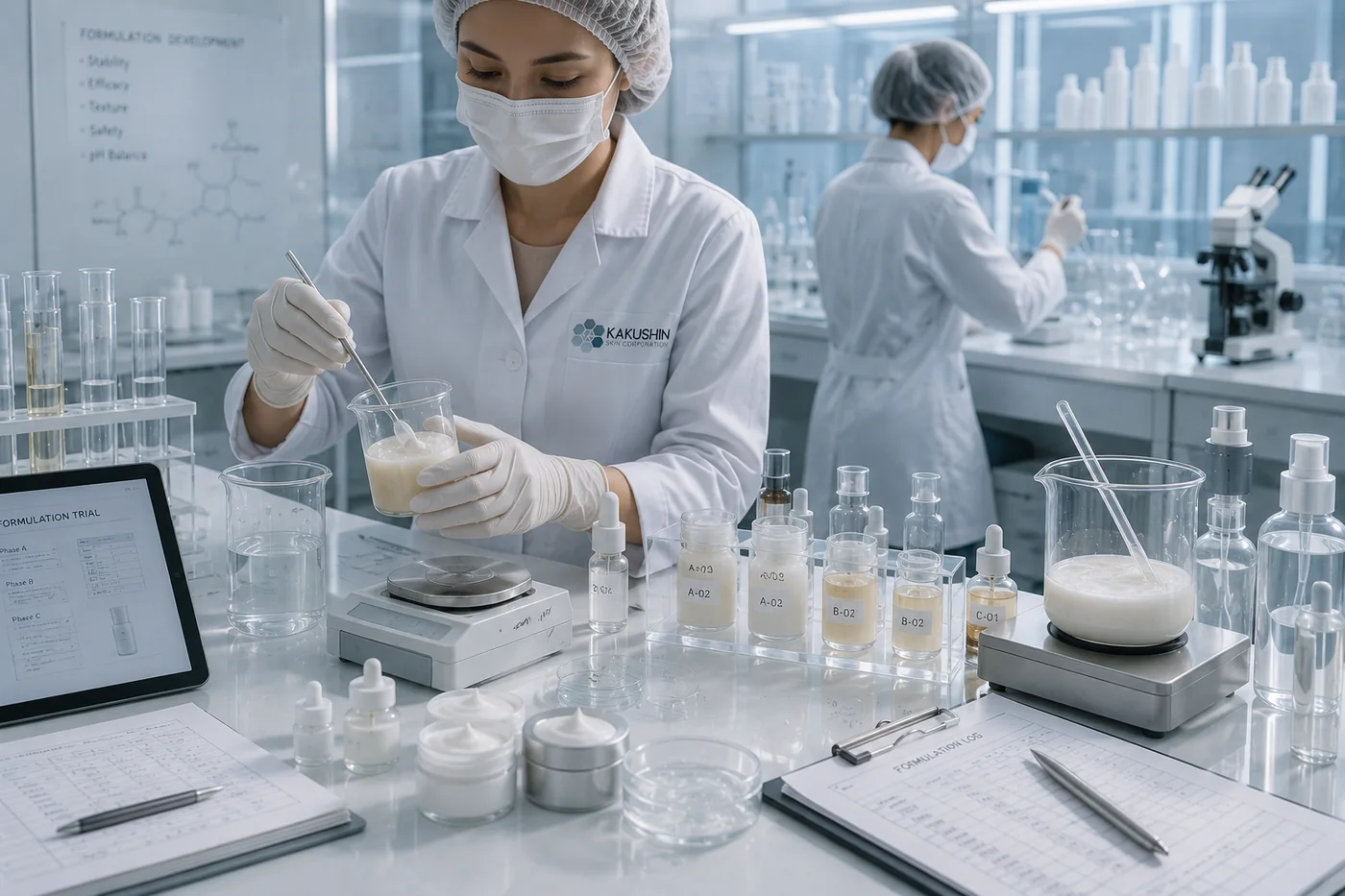 Cosmetic formulation laboratory with technicians preparing and evaluating skincare samples