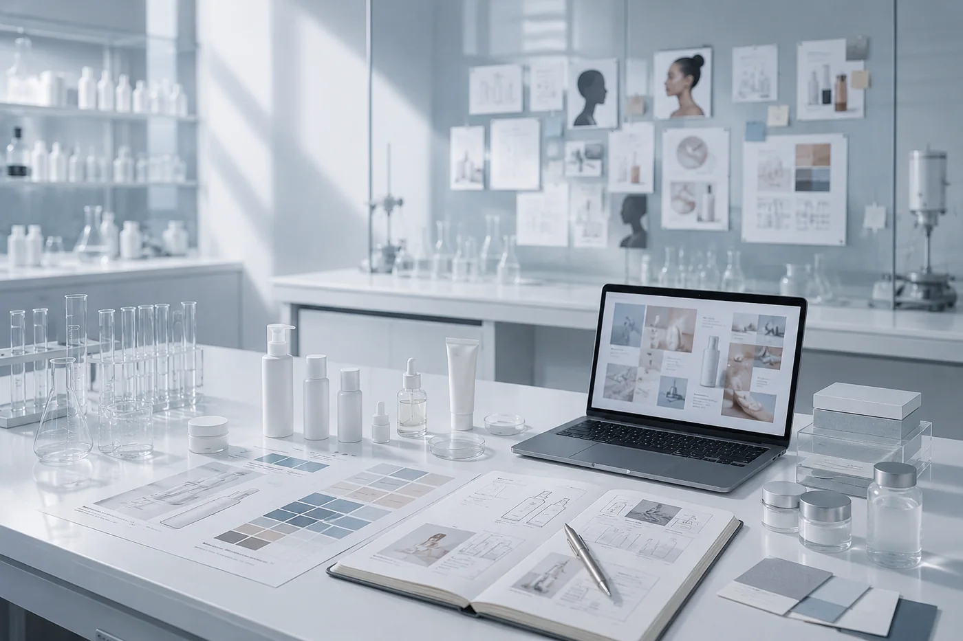 Skincare product planning studio with packaging prototypes, visual references, and a laptop