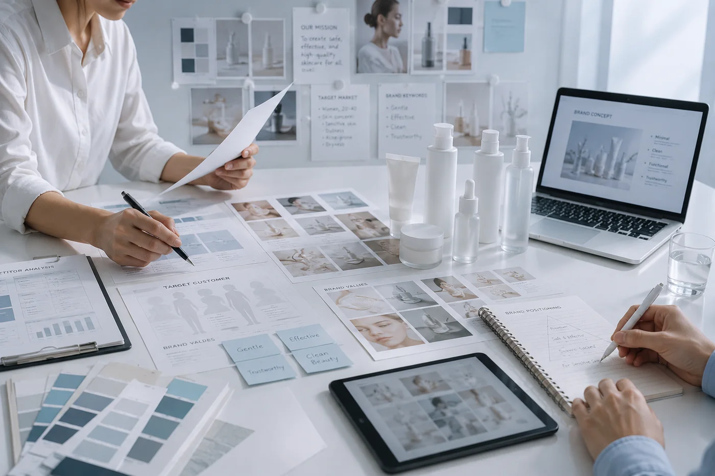 Kakushin brand planning workspace with skincare prototypes and customer research materials
