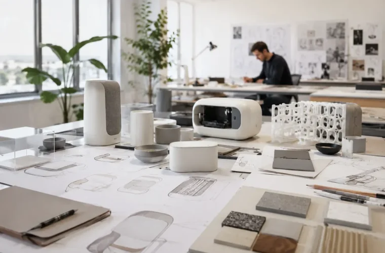 Product development workspace with skincare prototypes